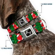 Dog Bone Black/Silver Seatbelt Buckle Collar - Snowy Holly Stripe Reds/White/Greens