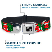 Dog Bone Black/Silver Seatbelt Buckle Collar - Snowy Holly Stripe Reds/White/Greens