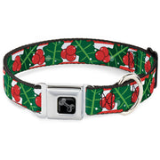 Dog Bone Black/Silver Seatbelt Buckle Collar - Snowy Holly Stripe Reds/White/Greens
