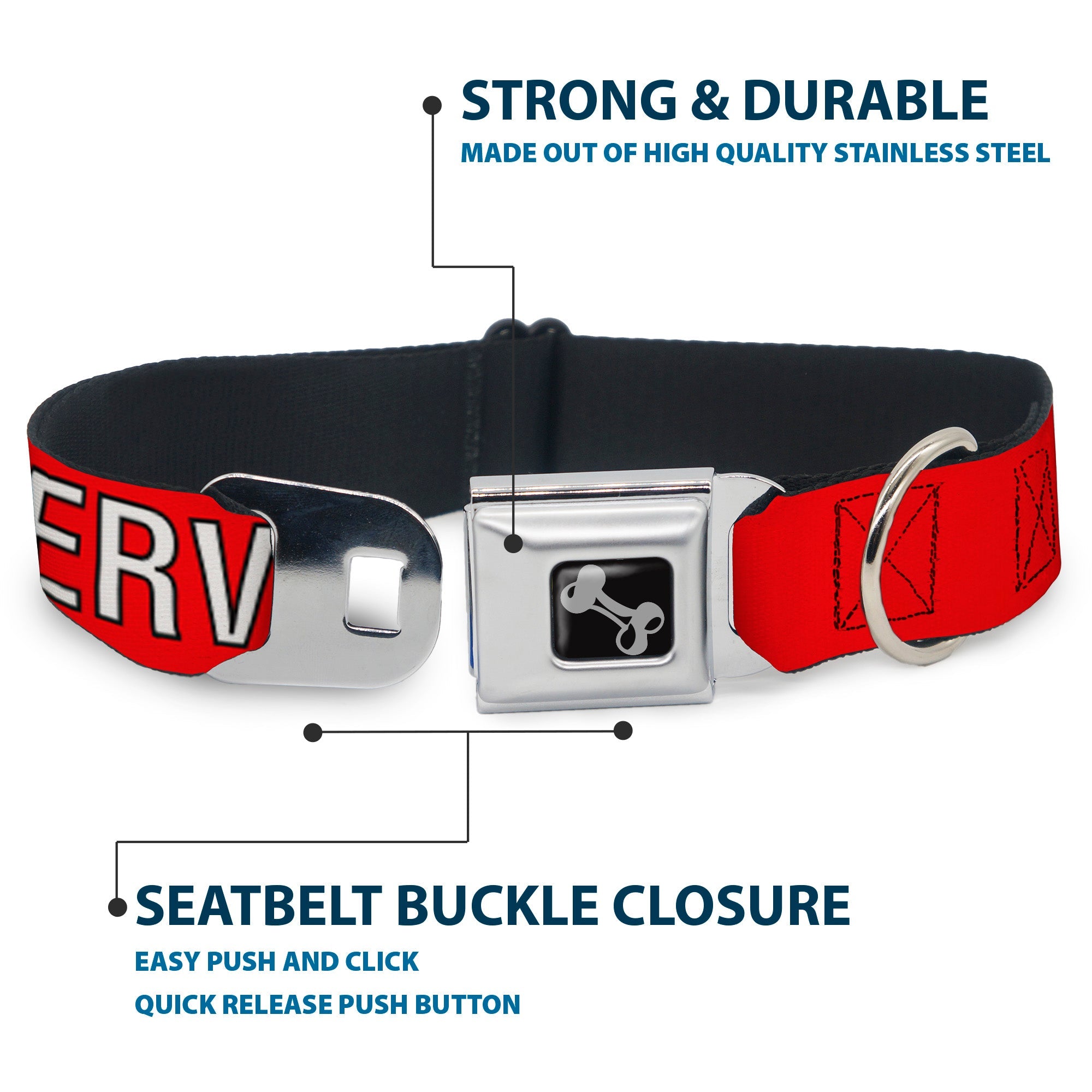 Dog Bone Black/Silver Seatbelt Buckle Collar - SERVICE DOG Red/Black/White