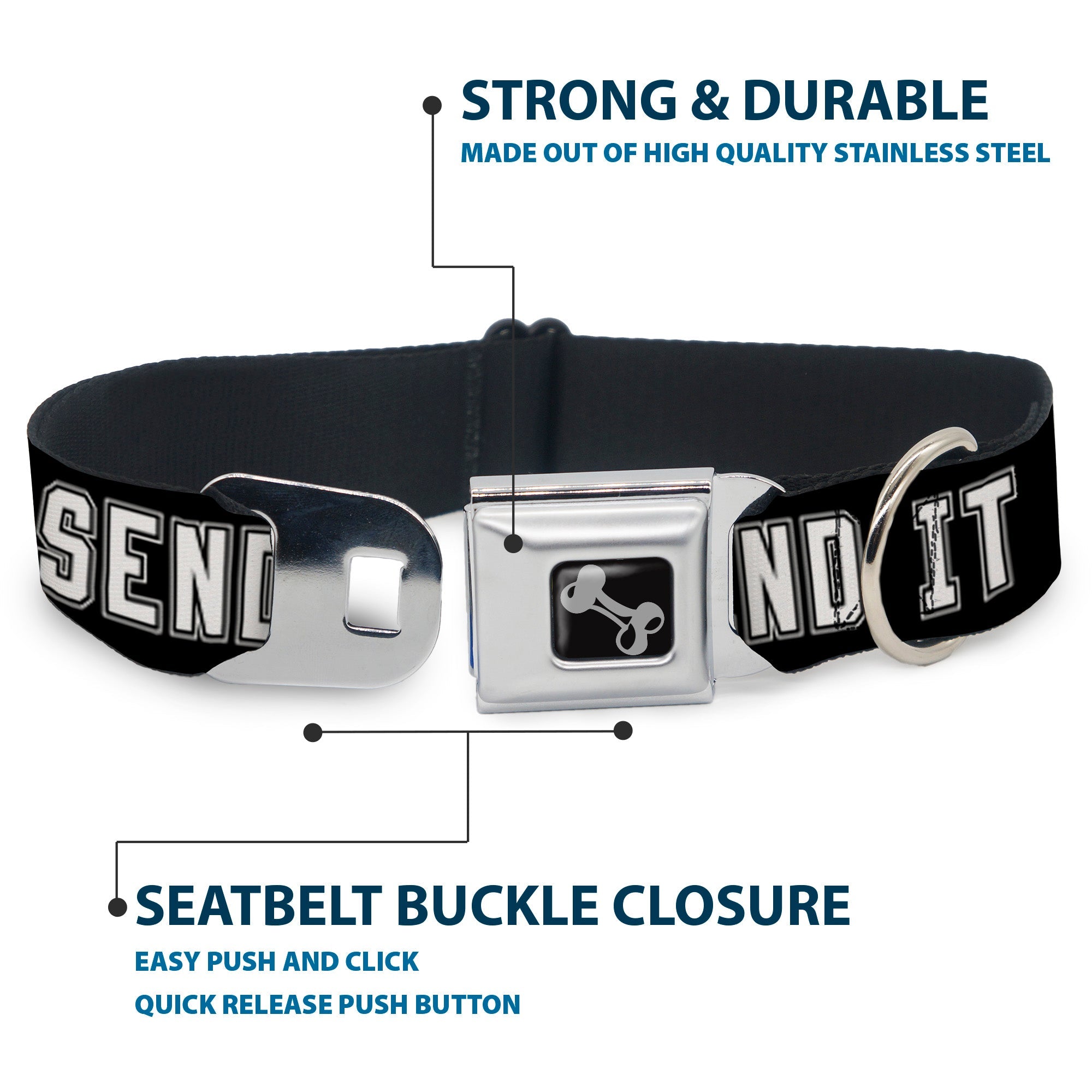 Dog Bone Black/Silver Seatbelt Buckle Collar - SEND IT Black/White