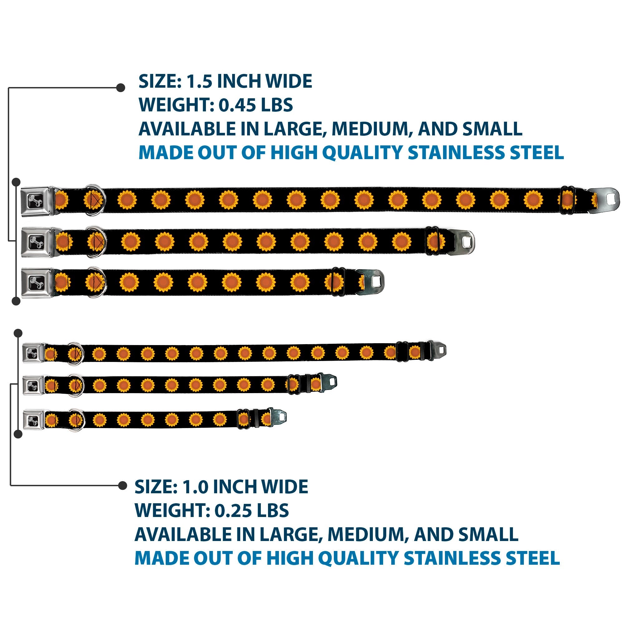 Dog Bone Black/Silver Seatbelt Buckle Collar - Sunflower Face Repeat Black