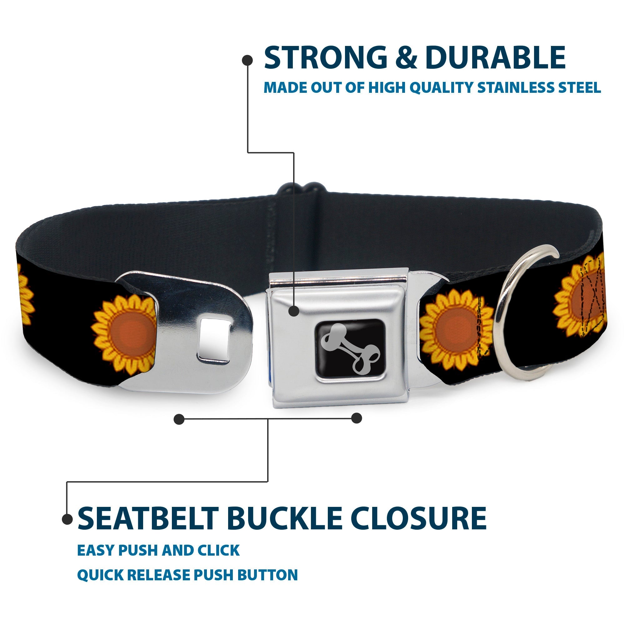 Dog Bone Black/Silver Seatbelt Buckle Collar - Sunflower Face Repeat Black