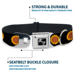 Dog Bone Black/Silver Seatbelt Buckle Collar - Sunflower Face Repeat Black