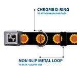 Dog Bone Black/Silver Seatbelt Buckle Collar - Sunflower Face Repeat Black