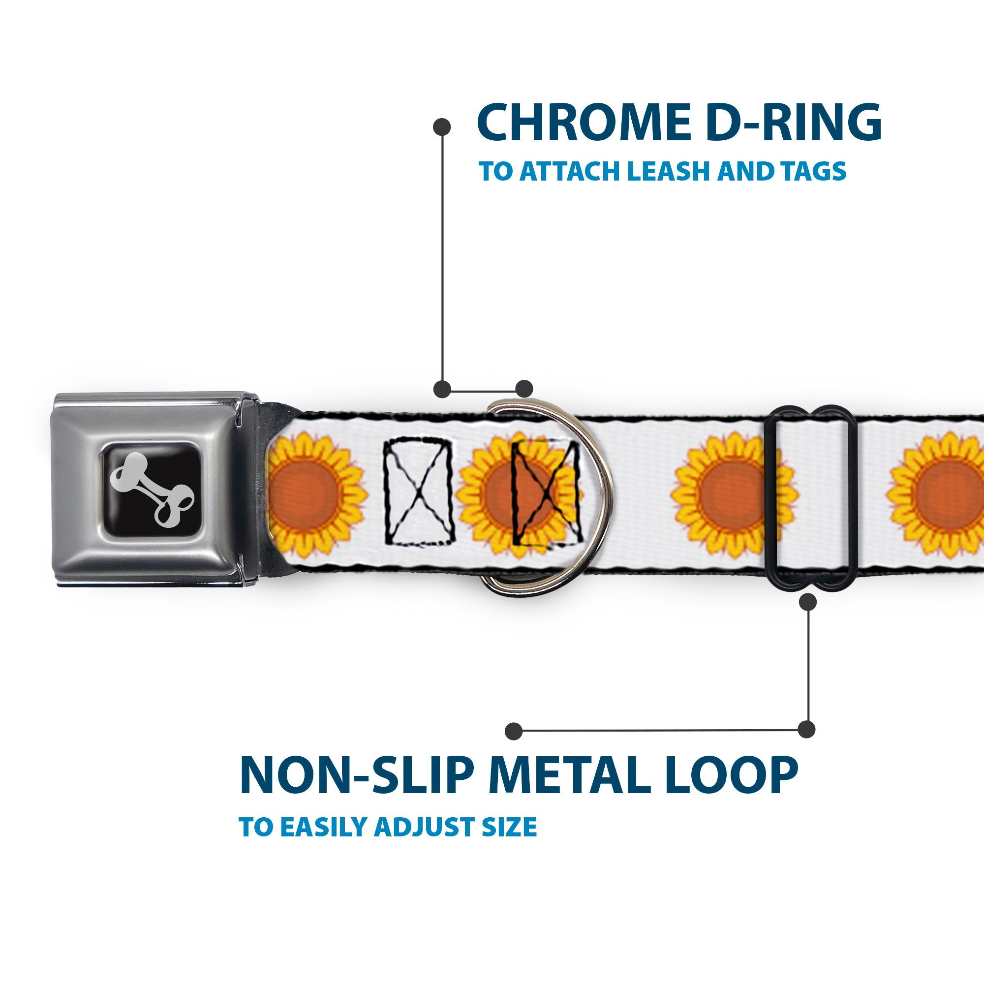 Dog Bone Black/Silver Seatbelt Buckle Collar - Sunflower Face Repeat White