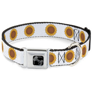 Dog Bone Black/Silver Seatbelt Buckle Collar - Sunflower Face Repeat White
