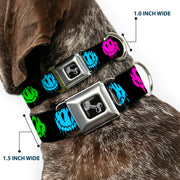 Dog Bone Black/Silver Seatbelt Buckle Collar - Smiley Face Melted Repeat Black/Multi Neon
