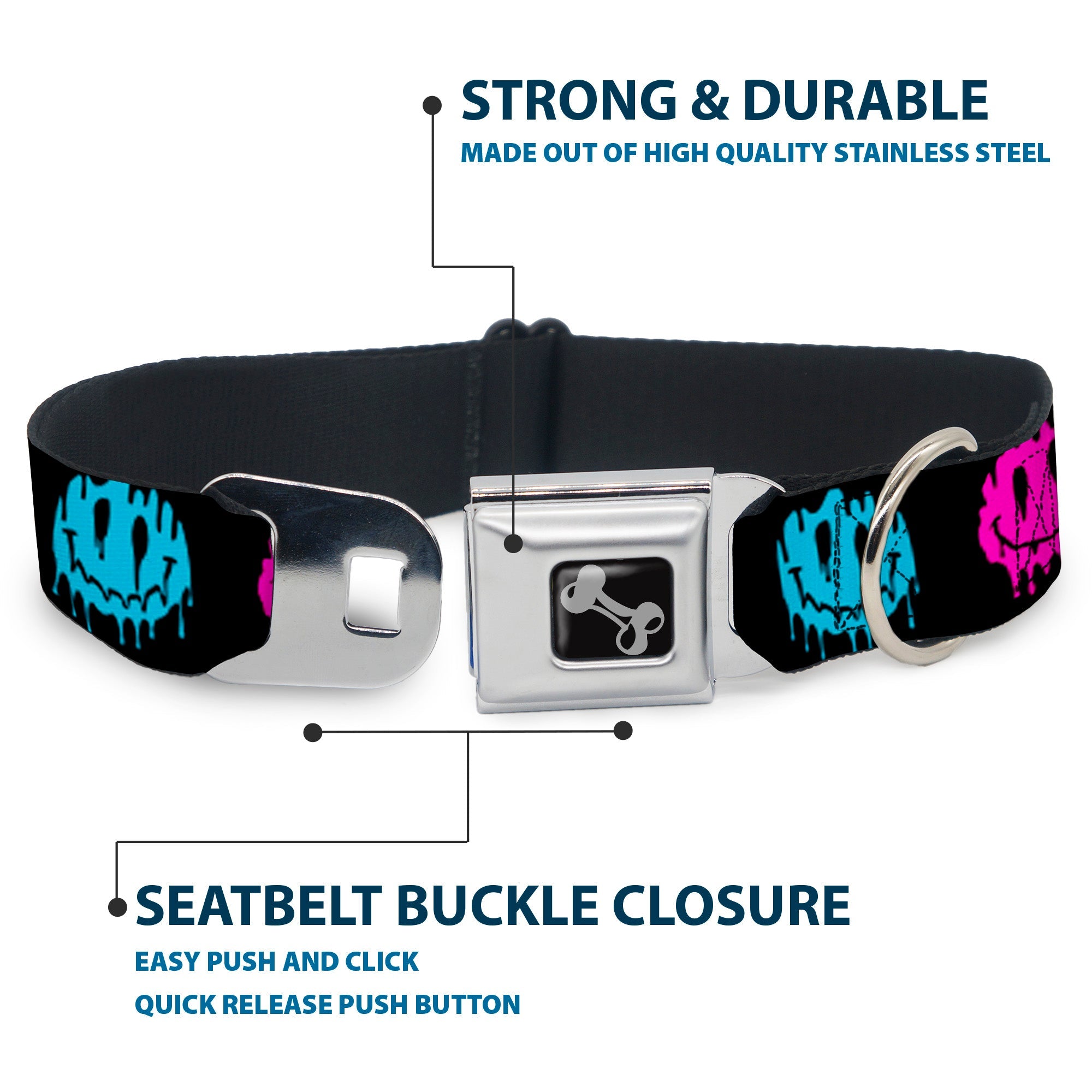Dog Bone Black/Silver Seatbelt Buckle Collar - Smiley Face Melted Repeat Black/Multi Neon