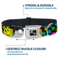Load image into Gallery viewer, Dog Bone Black/Silver Seatbelt Buckle Collar - Smiley Faces Melted Stacked Black/Multi Neon

