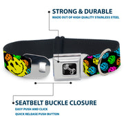 Dog Bone Black/Silver Seatbelt Buckle Collar - Smiley Faces Melted Stacked Black/Multi Neon