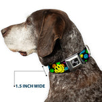 Dog Bone Black/Silver Seatbelt Buckle Collar - Smiley Faces Melted Stacked Black/Multi Neon