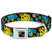 Dog Bone Black/Silver Seatbelt Buckle Collar - Smiley Faces Melted Stacked Black/Multi Neon