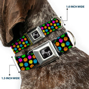 Dog Bone Black/Silver Seatbelt Buckle Collar - Smiley Faces Melted Mini Repeat Black/Multi Neon