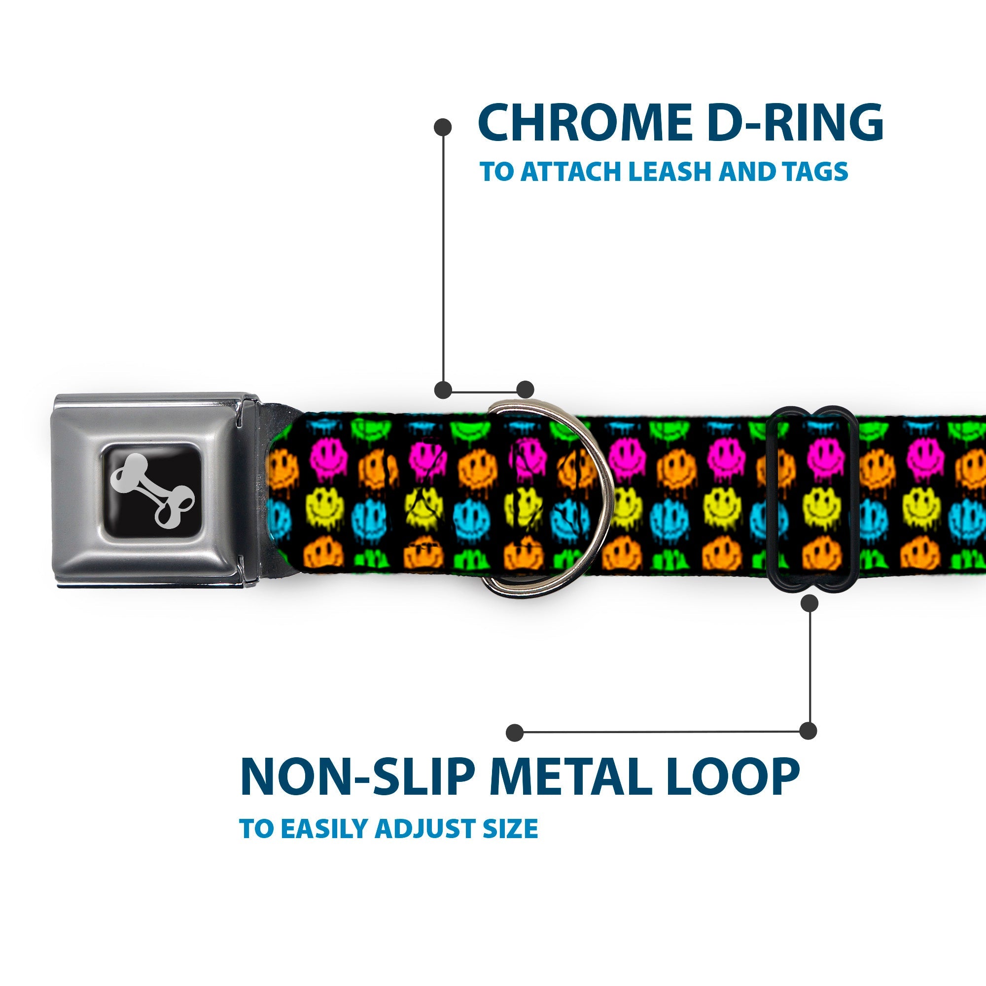 Dog Bone Black/Silver Seatbelt Buckle Collar - Smiley Faces Melted Mini Repeat Black/Multi Neon