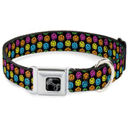 Dog Bone Black/Silver Seatbelt Buckle Collar - Smiley Faces Melted Mini Repeat Black/Multi Neon