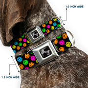 Dog Bone Black/Silver Seatbelt Buckle Collar - Smiley Faces Melted Mini Repeat Angle Black/Multi Neon