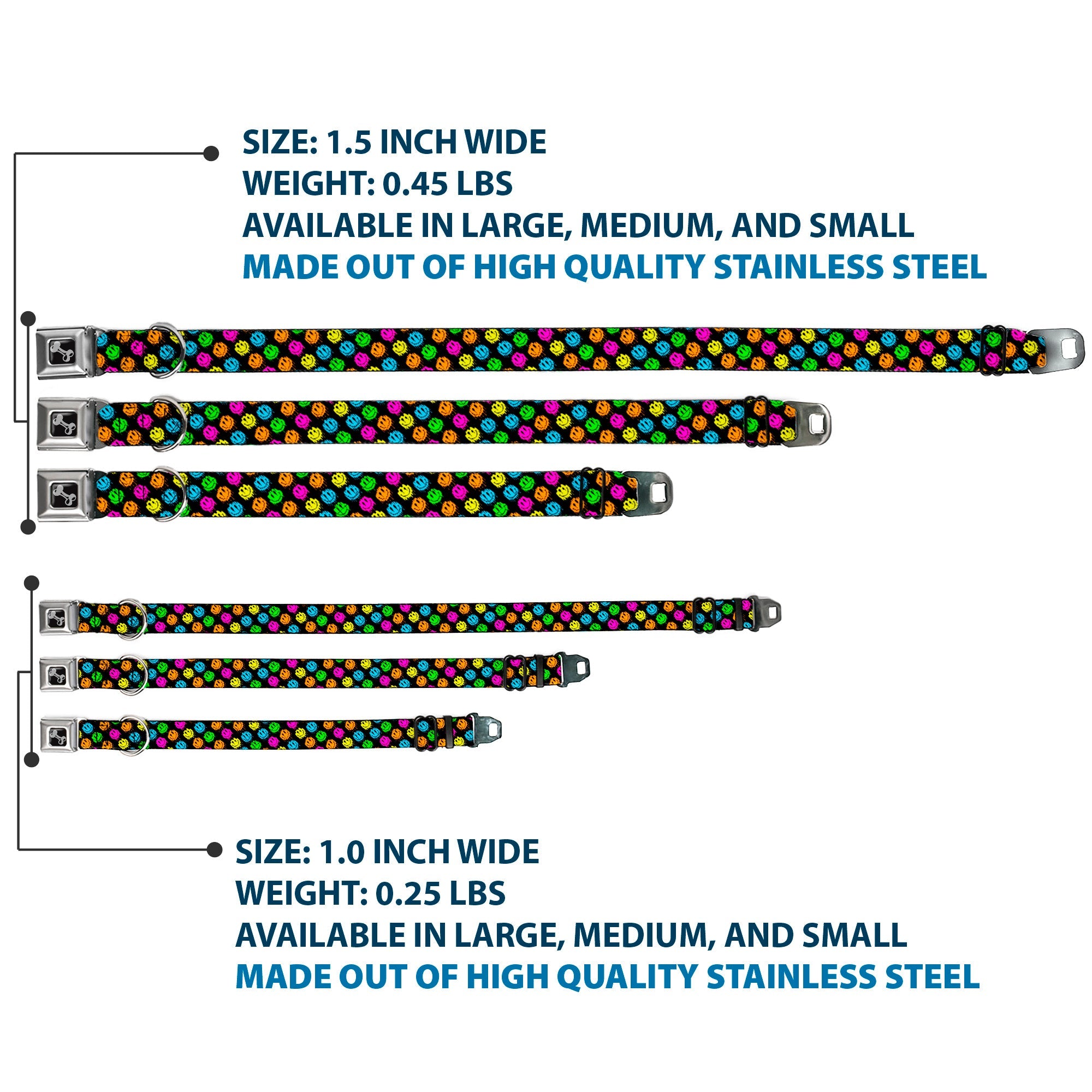 Dog Bone Black/Silver Seatbelt Buckle Collar - Smiley Faces Melted Mini Repeat Angle Black/Multi Neon
