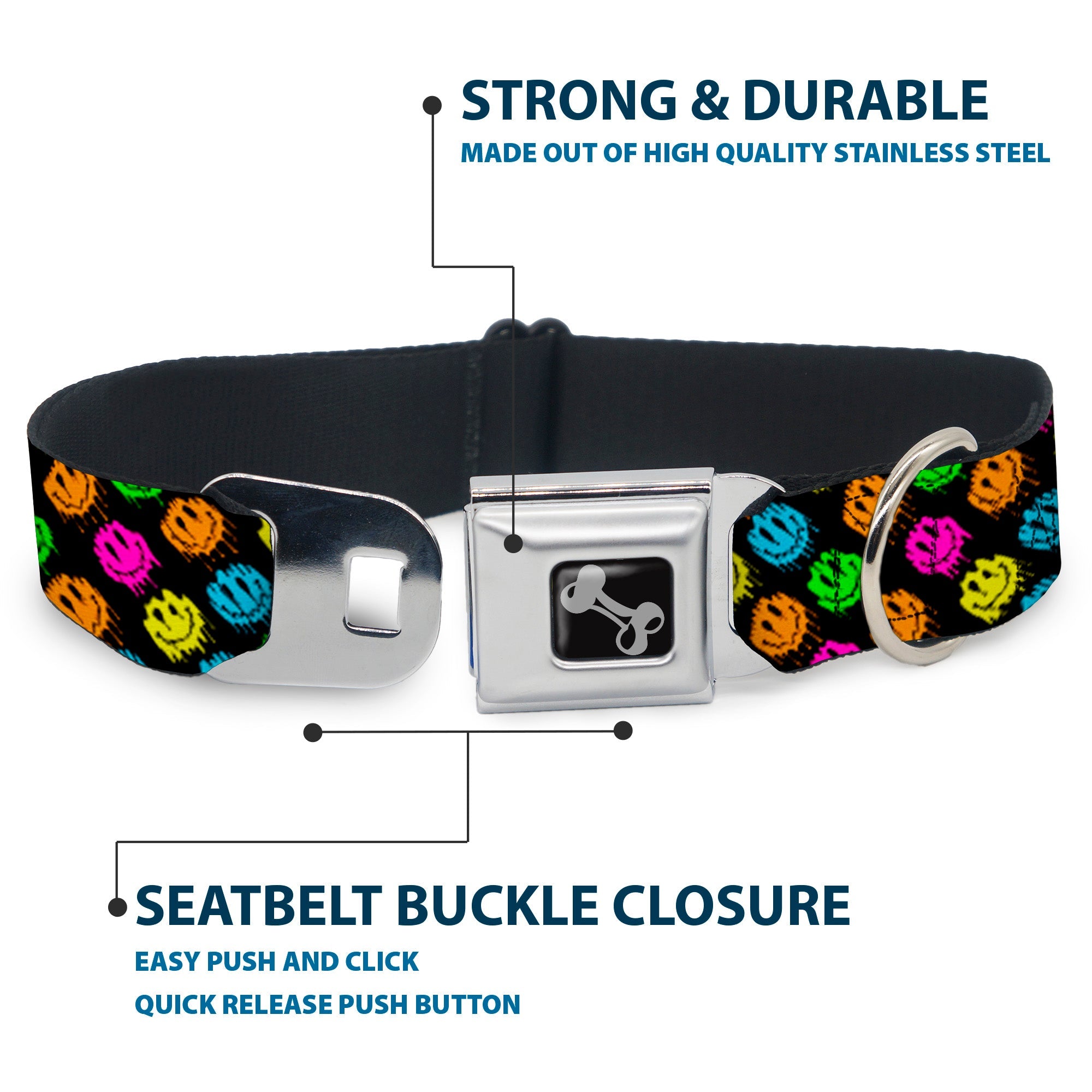 Dog Bone Black/Silver Seatbelt Buckle Collar - Smiley Faces Melted Mini Repeat Angle Black/Multi Neon
