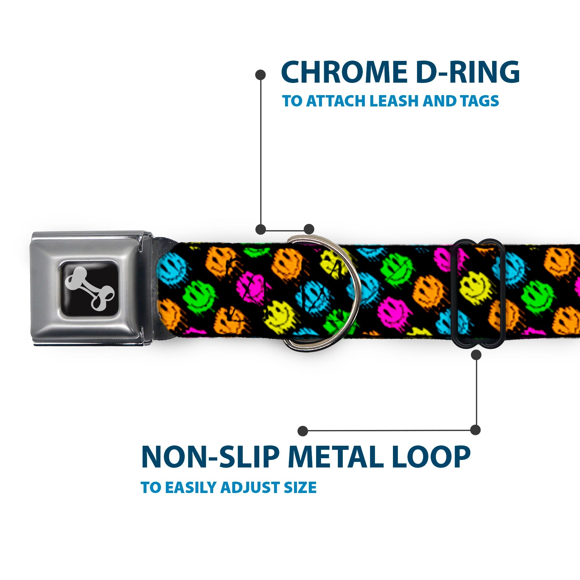 Dog Bone Black/Silver Seatbelt Buckle Collar - Smiley Faces Melted Mini Repeat Angle Black/Multi Neon