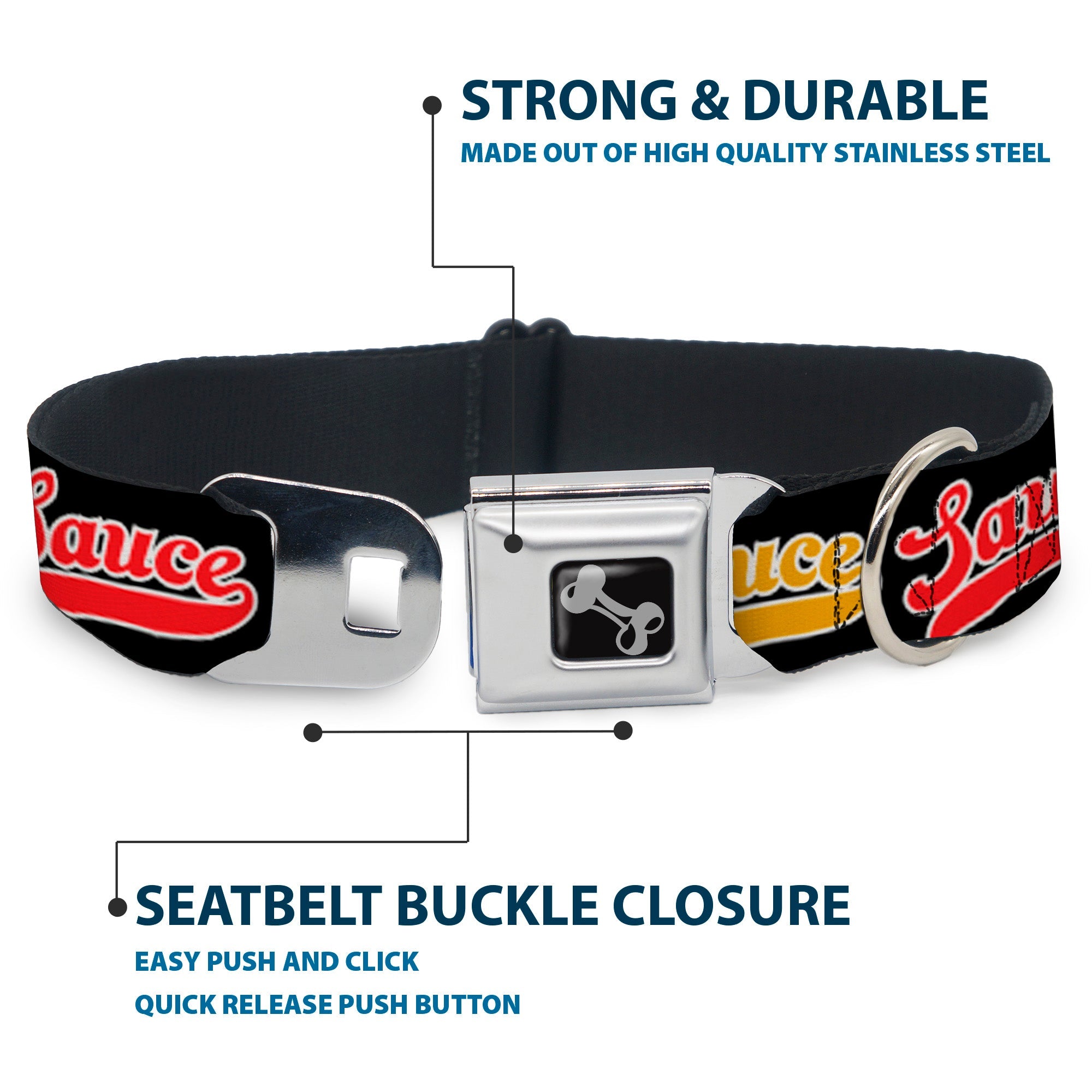 Dog Bone Black/Silver Seatbelt Buckle Collar - SAUCE Baseball Script Black/Multi Color