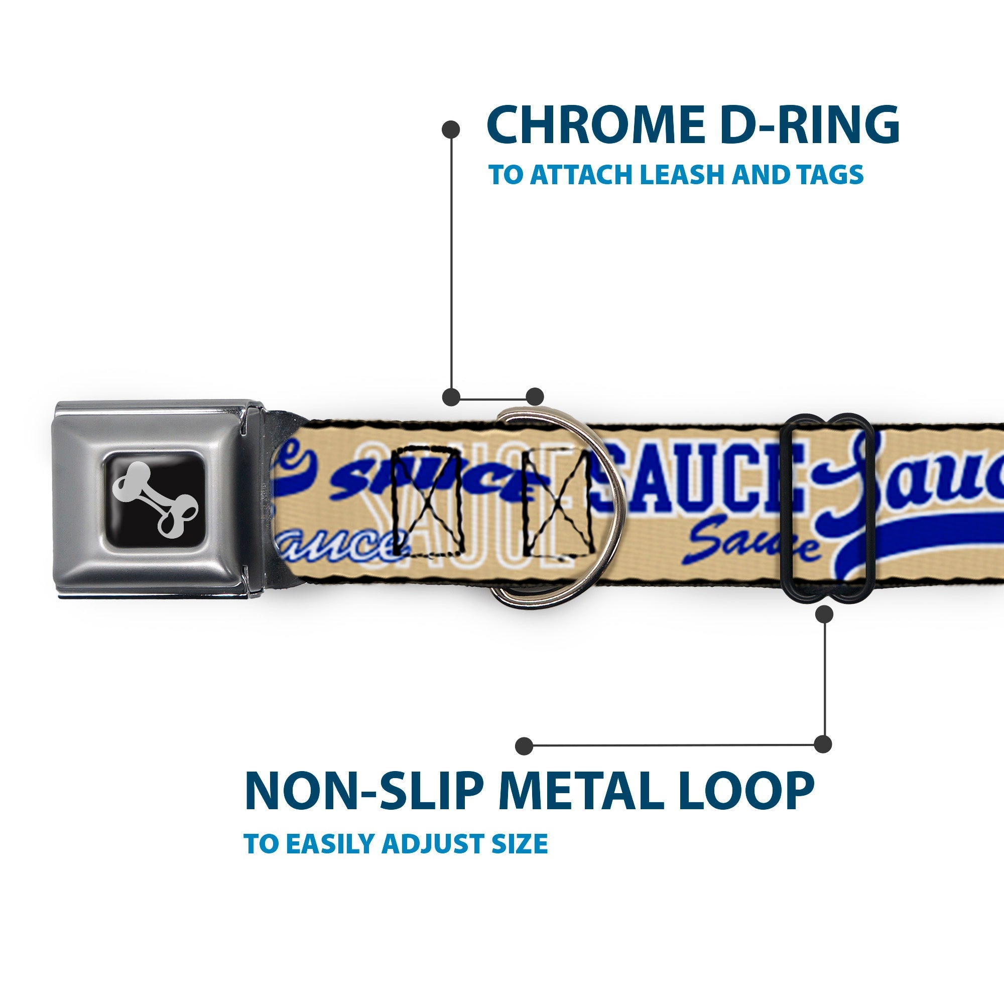 Dog Bone Black/Silver Seatbelt Buckle Collar - SAUCE Typography Collage Tan/White/Blue