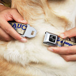 Dog Bone Black/Silver Seatbelt Buckle Collar - SAUCE Typography Collage Tan/White/Blue