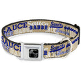 Load image into Gallery viewer, Dog Bone Black/Silver Seatbelt Buckle Collar - SAUCE Typography Collage Tan/White/Blue
