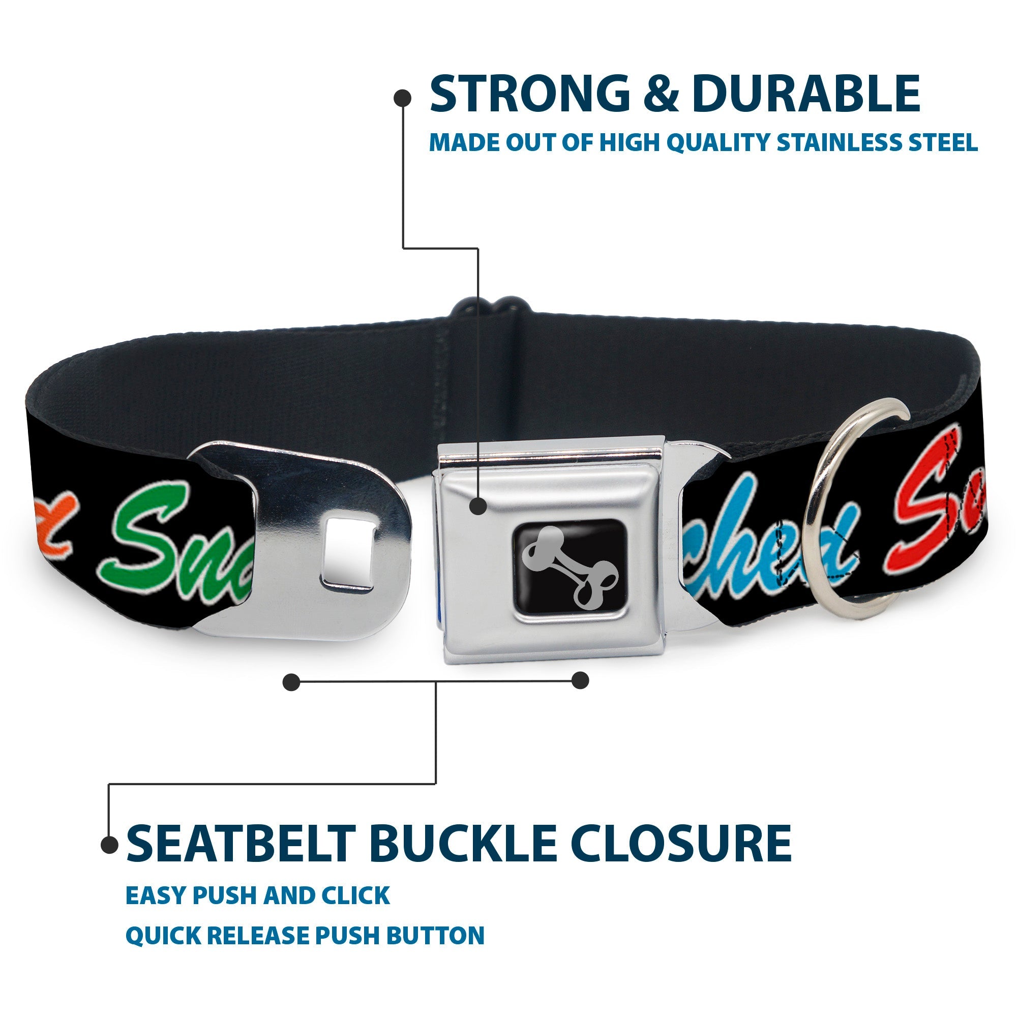 Dog Bone Black/Silver Seatbelt Buckle Collar - SNATCHED Script Black/Multi Color