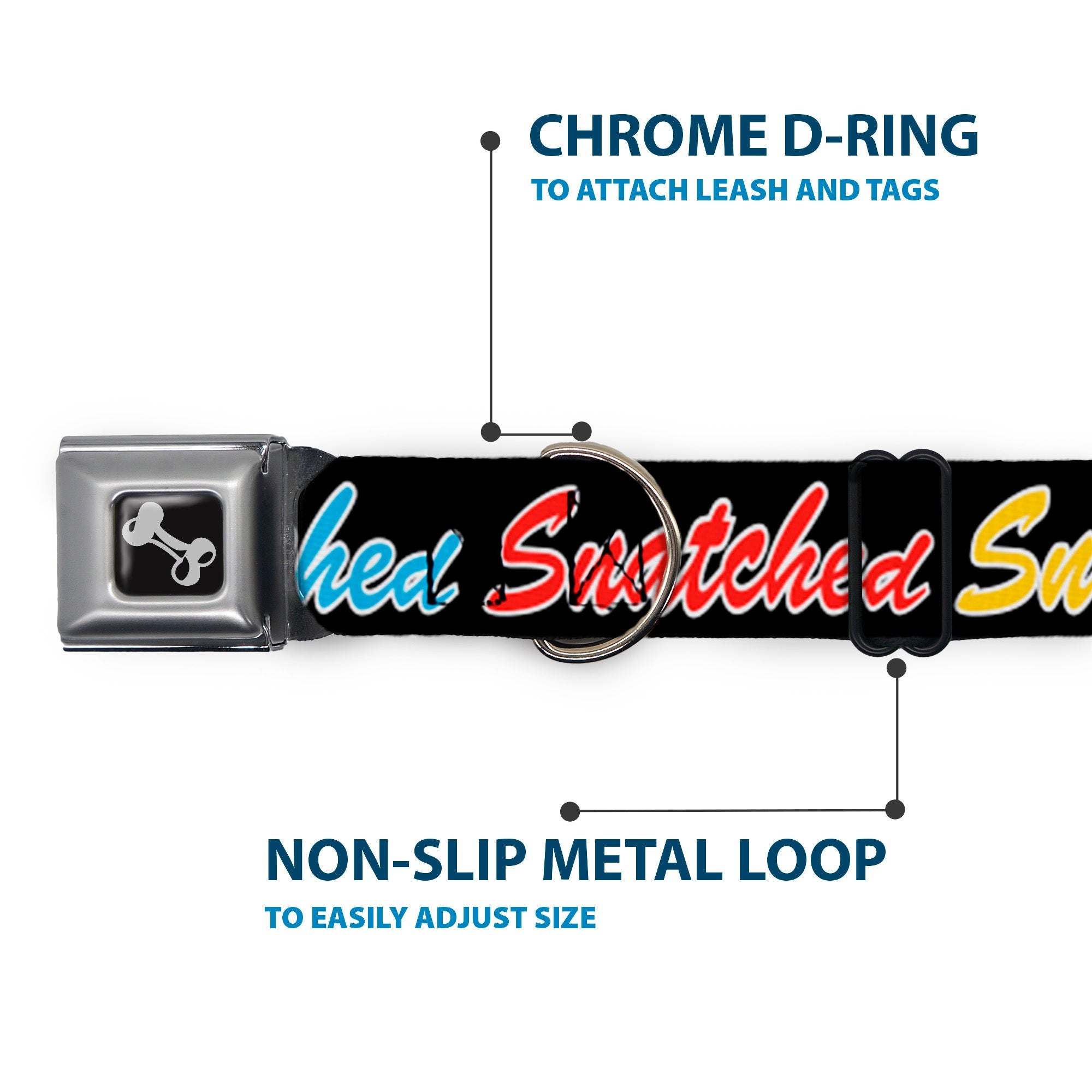 Dog Bone Black/Silver Seatbelt Buckle Collar - SNATCHED Script Black/Multi Color