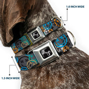 Dog Bone Black/Silver Seatbelt Buckle Collar - Smiley Face Crossbones Stacked Gray/Multi Color