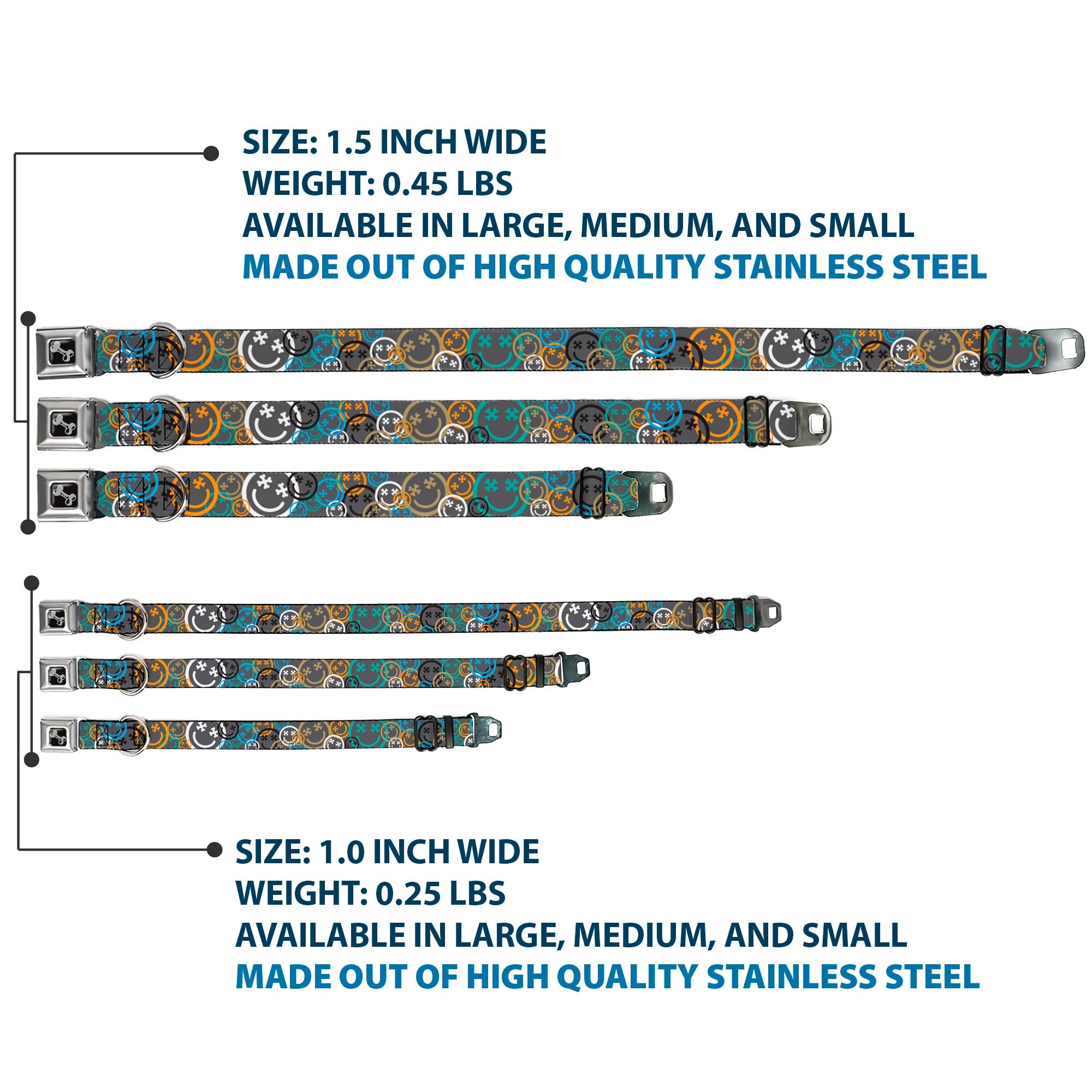 Dog Bone Black/Silver Seatbelt Buckle Collar - Smiley Face Crossbones Stacked Gray/Multi Color