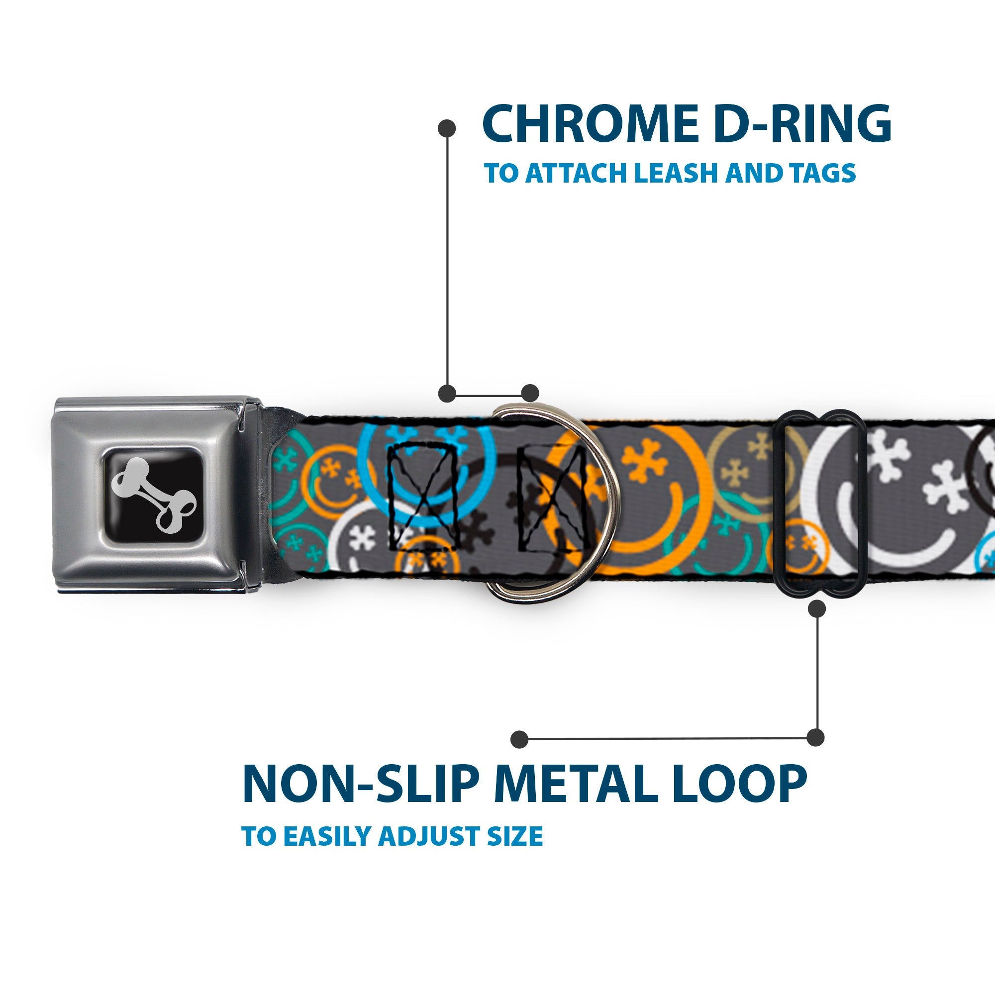 Dog Bone Black/Silver Seatbelt Buckle Collar - Smiley Face Crossbones Stacked Gray/Multi Color