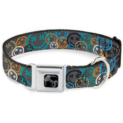 Dog Bone Black/Silver Seatbelt Buckle Collar - Smiley Face Crossbones Stacked Gray/Multi Color