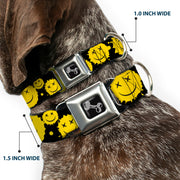 Dog Bone Black/Silver Seatbelt Buckle Collar - Smiley Face Splatter Scattered Black/Yellow