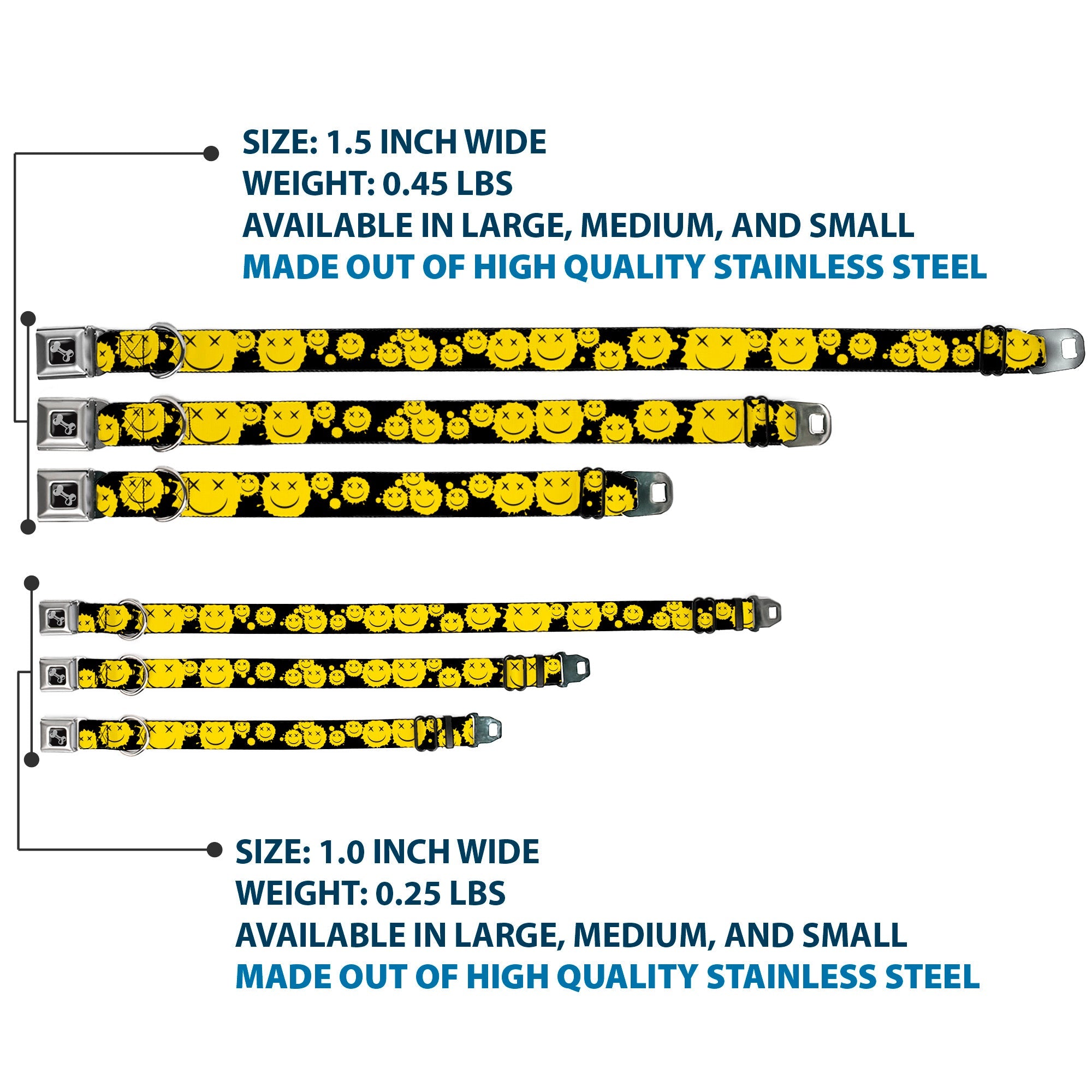 Dog Bone Black/Silver Seatbelt Buckle Collar - Smiley Face Splatter Scattered Black/Yellow