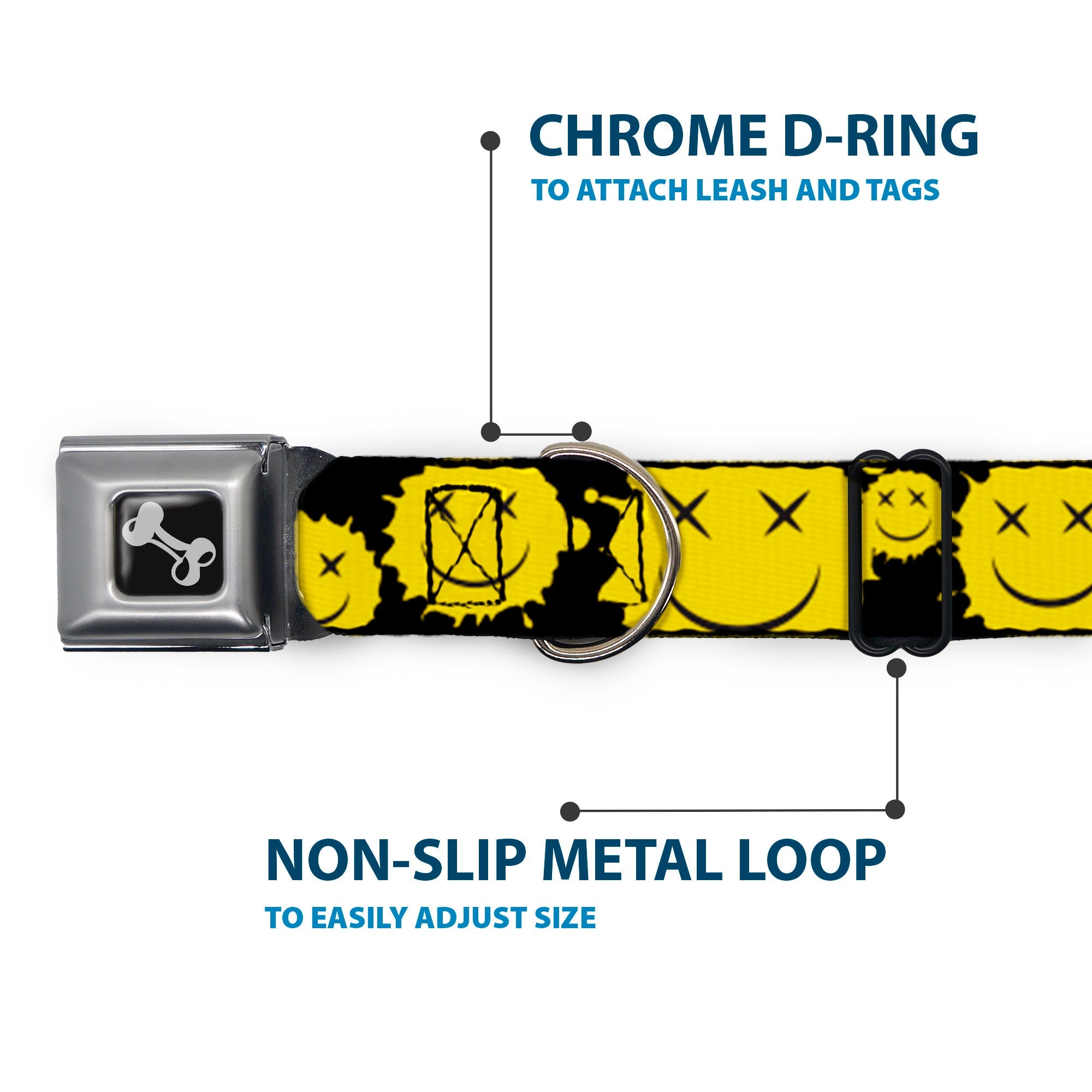 Dog Bone Black/Silver Seatbelt Buckle Collar - Smiley Face Splatter Scattered Black/Yellow