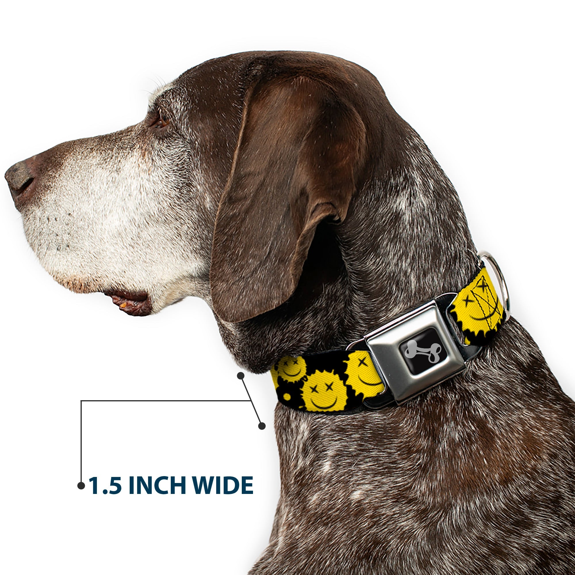 Dog Bone Black/Silver Seatbelt Buckle Collar - Smiley Face Splatter Scattered Black/Yellow
