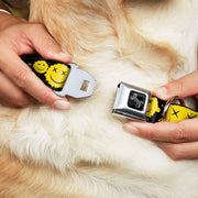 Dog Bone Black/Silver Seatbelt Buckle Collar - Smiley Face Splatter Scattered Black/Yellow