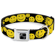 Dog Bone Black/Silver Seatbelt Buckle Collar - Smiley Face Splatter Scattered Black/Yellow