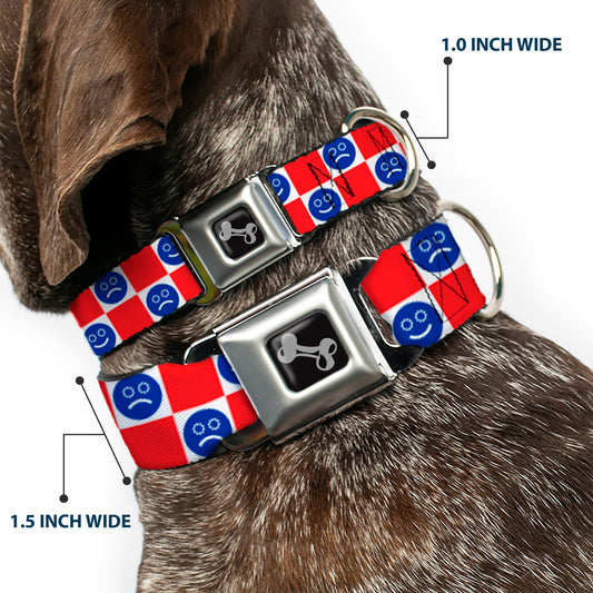 Dog Bone Black/Silver Seatbelt Buckle Collar - Smiley Sad Face Checker Red/White/Blue