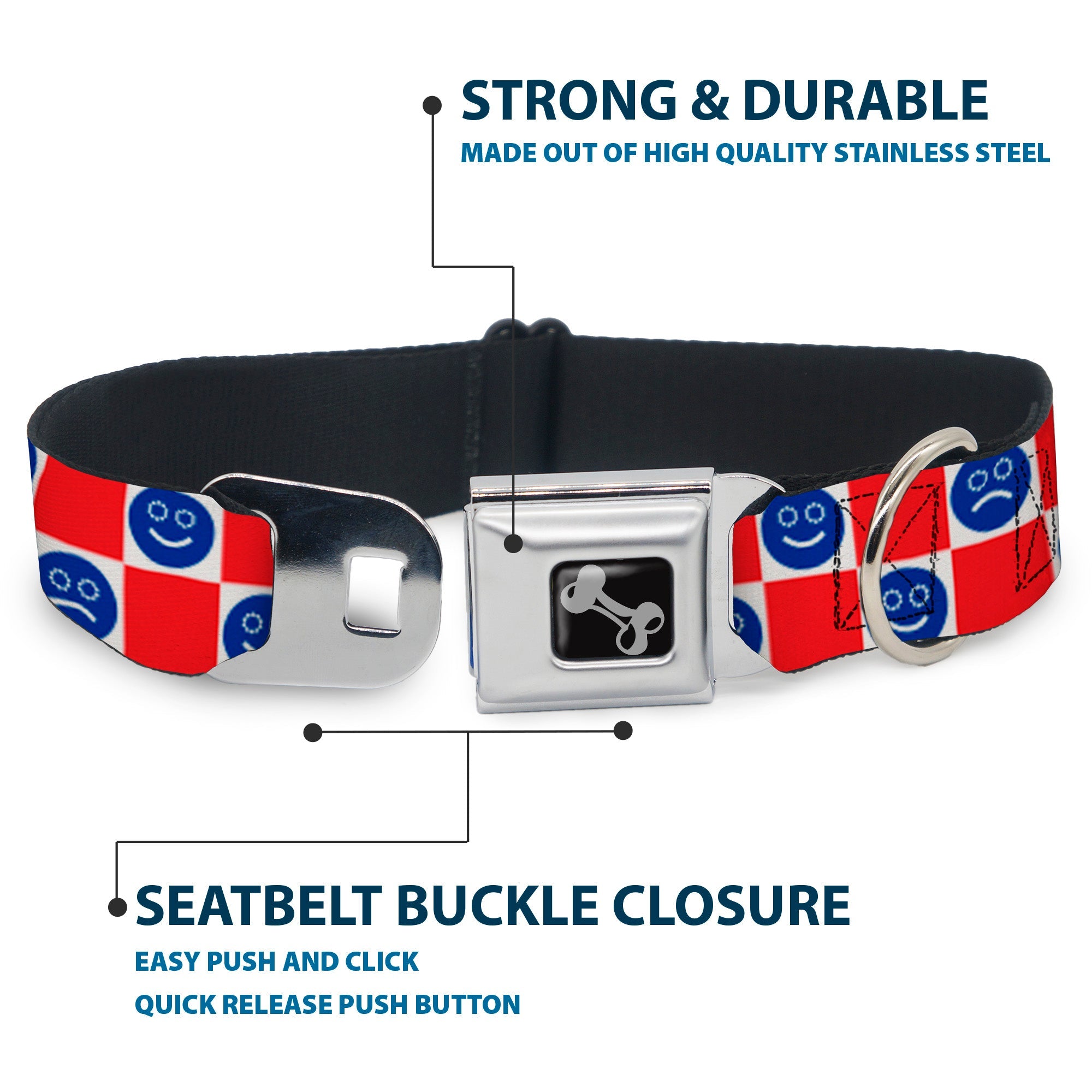 Dog Bone Black/Silver Seatbelt Buckle Collar - Smiley Sad Face Checker Red/White/Blue