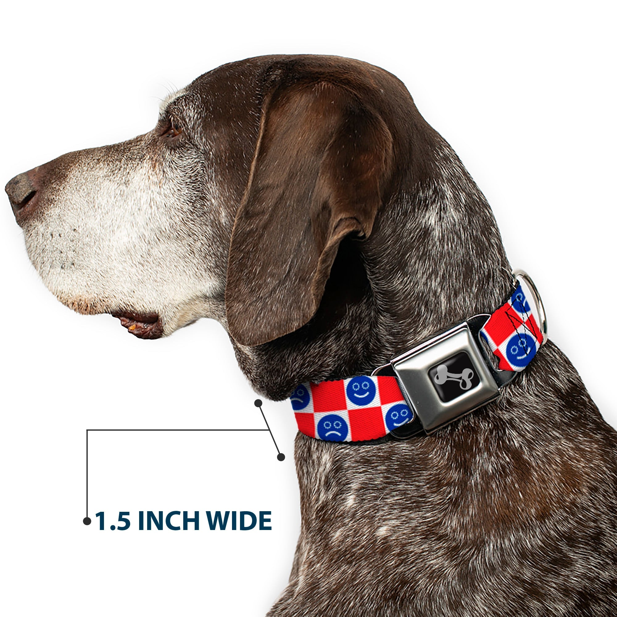 Dog Bone Black/Silver Seatbelt Buckle Collar - Smiley Sad Face Checker Red/White/Blue