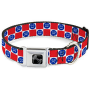 Dog Bone Black/Silver Seatbelt Buckle Collar - Smiley Sad Face Checker Red/White/Blue
