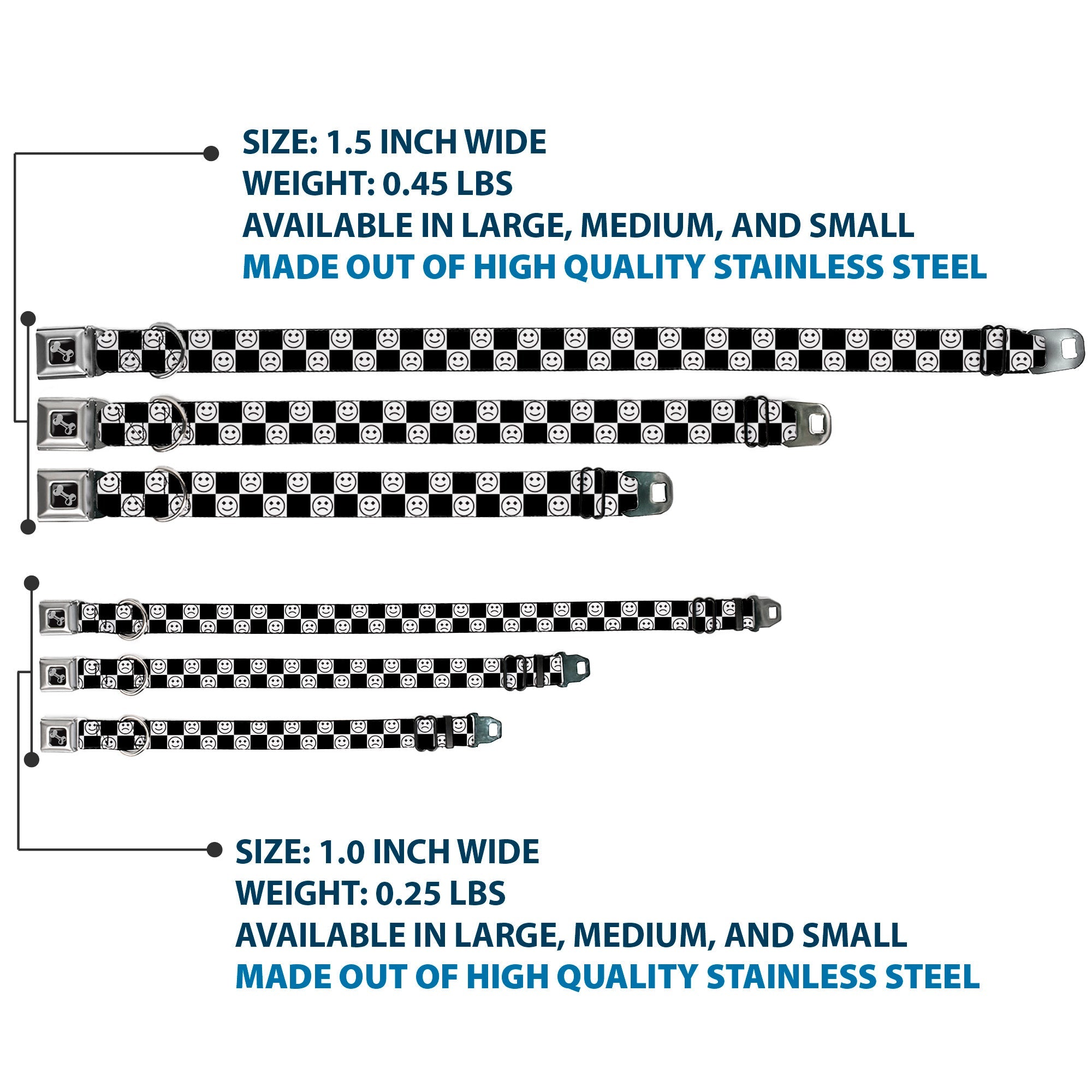 Dog Bone Black/Silver Seatbelt Buckle Collar - Smiley Sad Face Checker Black/White
