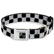Dog Bone Black/Silver Seatbelt Buckle Collar - Smiley Sad Face Checker Black/White