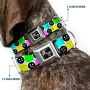Dog Bone Black/Silver Seatbelt Buckle Collar - Smiley Sad Face Checker Multi Color/White