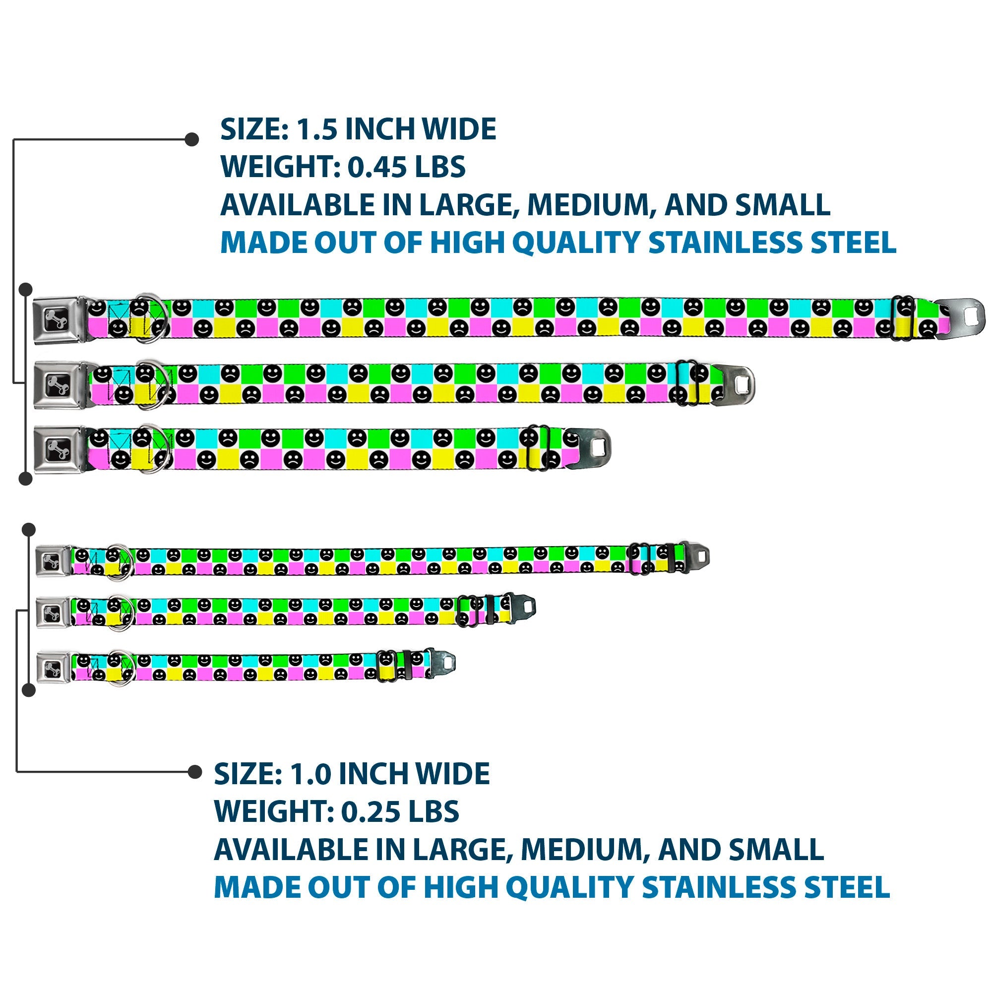 Dog Bone Black/Silver Seatbelt Buckle Collar - Smiley Sad Face Checker Multi Color/White