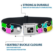 Dog Bone Black/Silver Seatbelt Buckle Collar - Smiley Sad Face Checker Multi Color/White