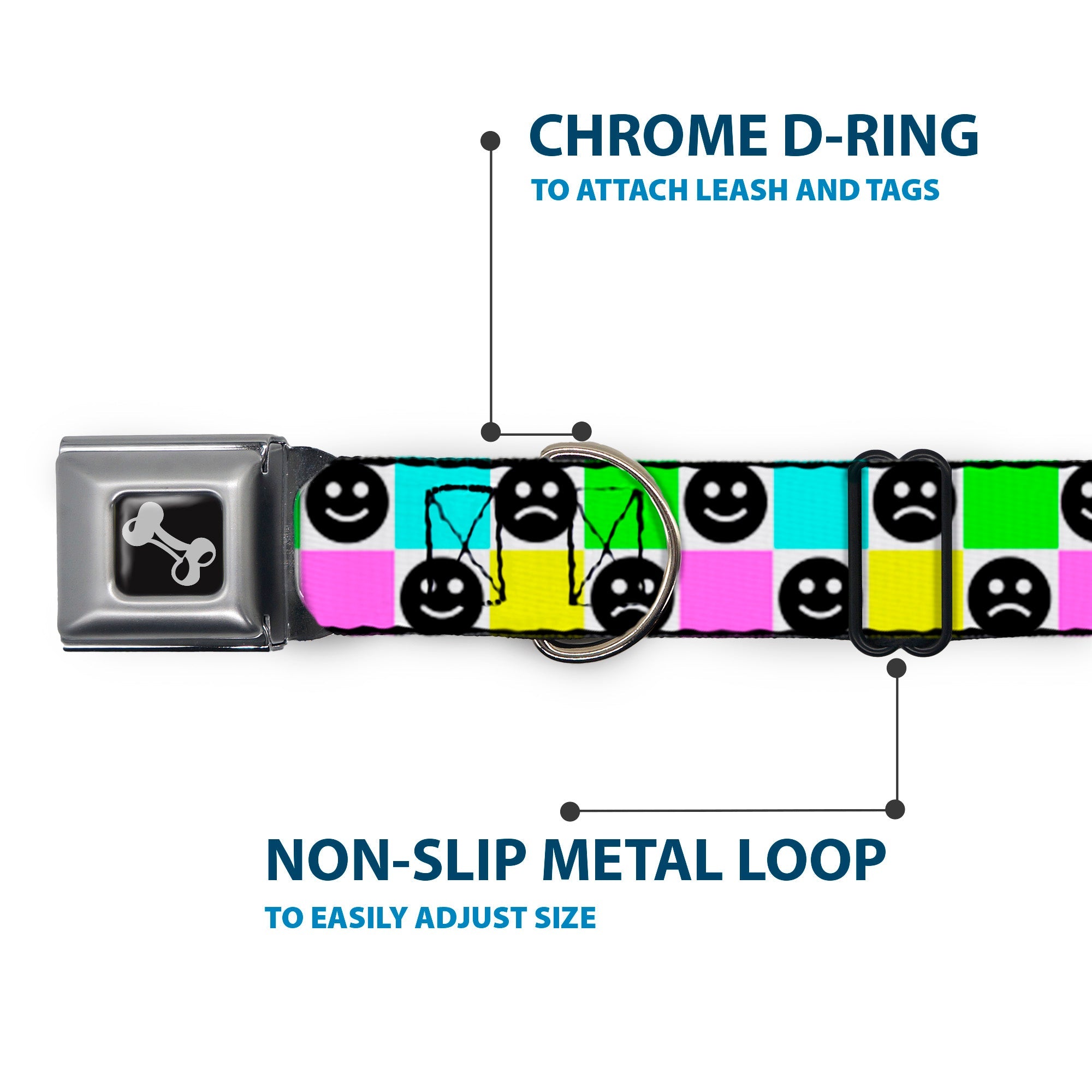 Dog Bone Black/Silver Seatbelt Buckle Collar - Smiley Sad Face Checker Multi Color/White